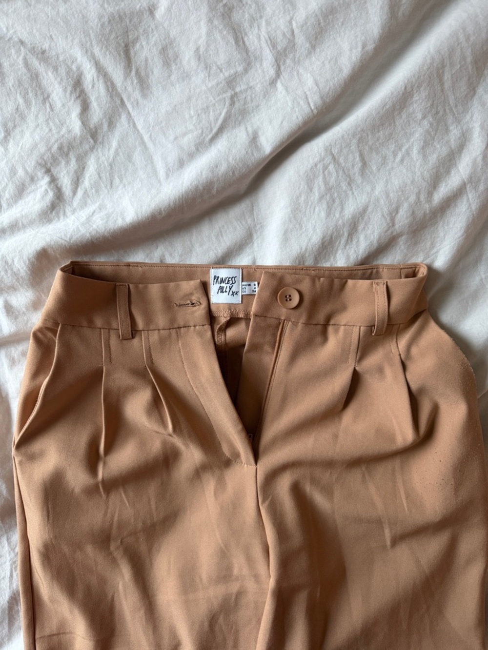 Princess Polly Tailored High-Waist Pleated Trousers — Camel/Tan